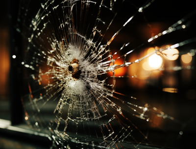 A close-up of a window with a bullet hole in the middle.