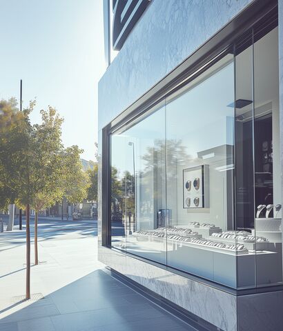 Durchschusshemmendes Glas Schusssicheres Glas als Schaufenster bei einem Uhrengeschäft.