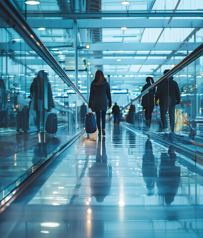 Flughafen Menschen laufen über einen Flughafen zwischen Glasgeländern