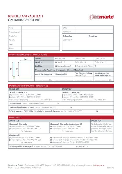 GM RAILING® DOUBLE Bestellformular Glasgeländer-System GM RAILING® DOUBLE