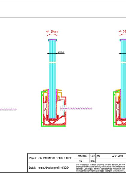 Detailzeichnung Glasgeländer-System GM RAILING® DOUBLE SIDE Profilquerschnitt