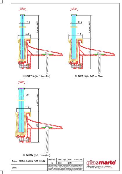 Detailzeichnung: Querschnitt Glasgeländer-System GM RAILING® UNI PART