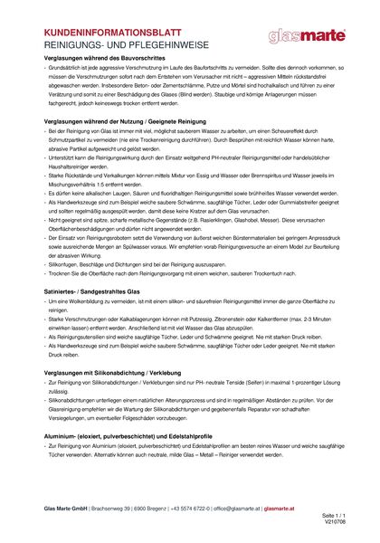 Reinigungs- und Pflegehinweise Informationsblatt: Glas Marte Reinigungs- und Pflegehinweise