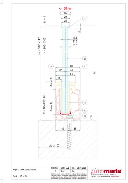 GM RAILING® DOUBLE 13.10.01 Detailzeichnung: Glasgeländer-System GM RAILING® DOUBLE