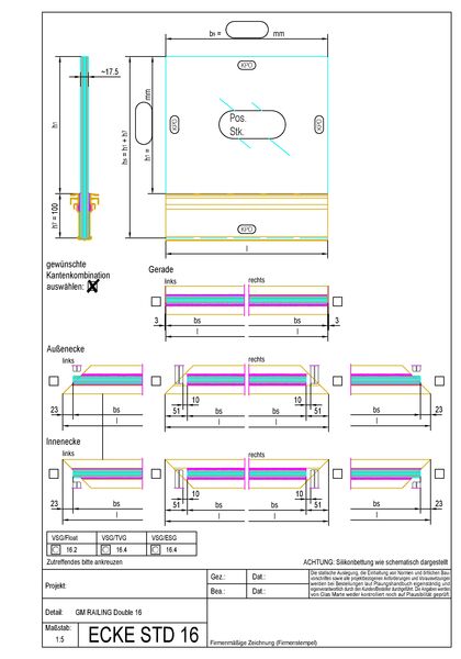 Bestellformular Glasgeländer-System GM RAILING® DOUBLE Eckmodul auf Gehrung