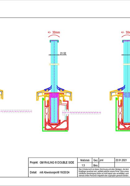 GM RAILING® DOUBLE SIDE Profilquerschnitt + Abweiser Detailzeichnung Glasgeländer-System GM RAILING® DOUBLE SIDE Profilquerschnitt & Abweiser