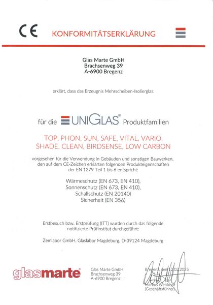 UNIGLAS® Produktfamilien Glas Marte Konformitätserklärung