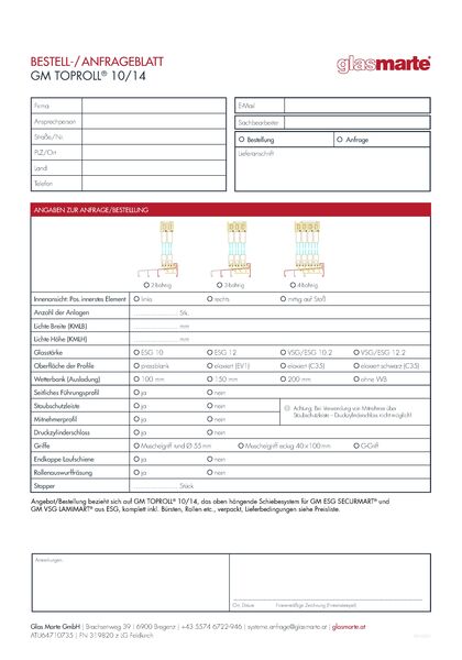 Anfrage- und Bestellformular: Schiebesystem GM TOPROLL® 10/14
