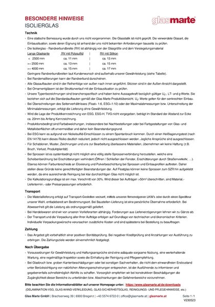 Besondere Hinweise für Isolierglas Informationsblatt: Glas Marte besondere Hinweise für Isolierglas