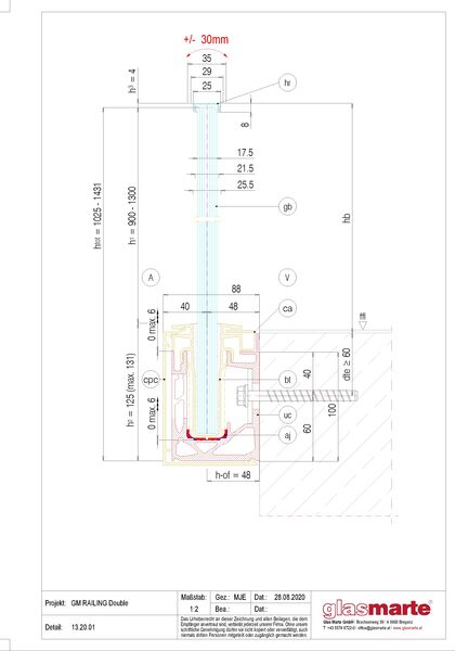 GM RAILING® DOUBLE 13.20.01 Detailzeichnung: Glasgeländer-System GM RAILING® DOUBLE