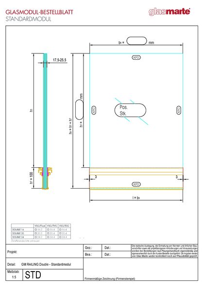 GM RAILING® DOUBLE Standardmodul  Bestellformular Glasgeländer-System GM RAILING® DOUBLE Standardmodul