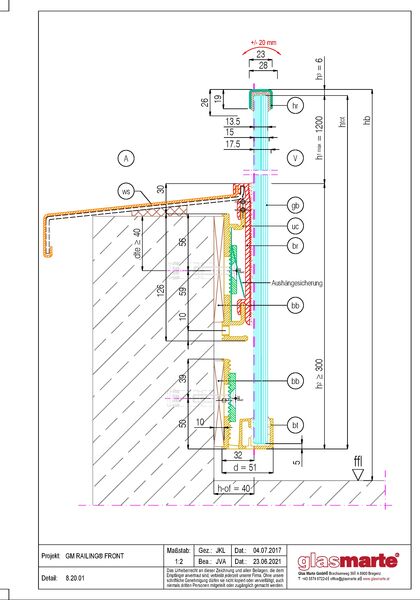Detailzeichnung Glasgeländer-System GM RAILING® FRONT