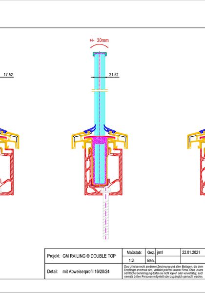 GM RAILING® DOUBLE TOP Profilquerschnitt & Abweiser Detailzeichnung Glasgeländer-System GM RAILING® DOUBLE TOP Profilquerschnitt & Abweiser
