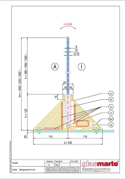 Detailzeichnung Windschutzwand aus Glas (A-Form) als Trennwände für die Gastronomie