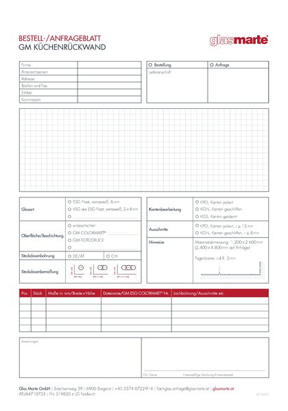 GM KÜCHENRÜCKWÄNDE  Anfrage- und Bestellformular Küchenrückwand aus Glas