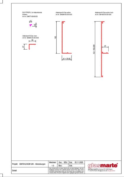 Detailzeichnung: Abdeckprofil-Clips & Dichtprofile vom Glasgeländer-System GM RAILING® UNI