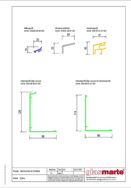 Detailzeichnung: Glasgeländer-System GM RAILING® DOUBLE Abdeckprofile & Abweiserprofile