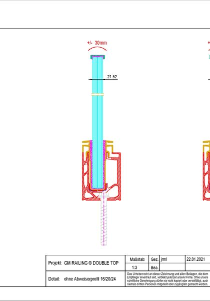 GM RAILING® DOUBLE TOP Profilquerschnitt  Detailzeichnung Glasgeländer-System GM RAILING® DOUBLE TOP Profilquerschnitt