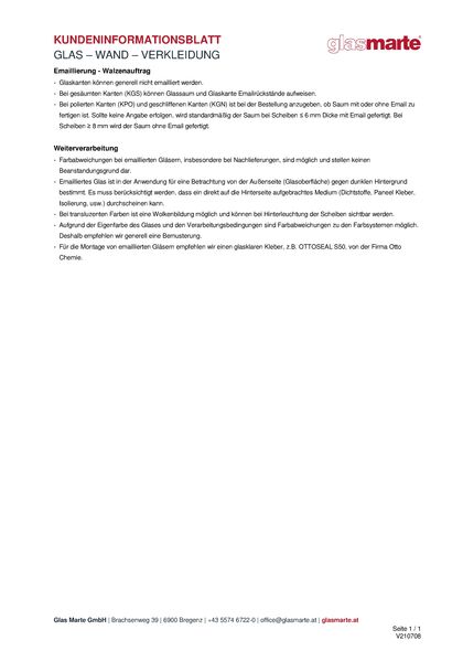 Hinweise zur Wandverkleidung mit Glas Informationsblatt: Glas Marte Hinweise zur Wandverkleidung mit Glas